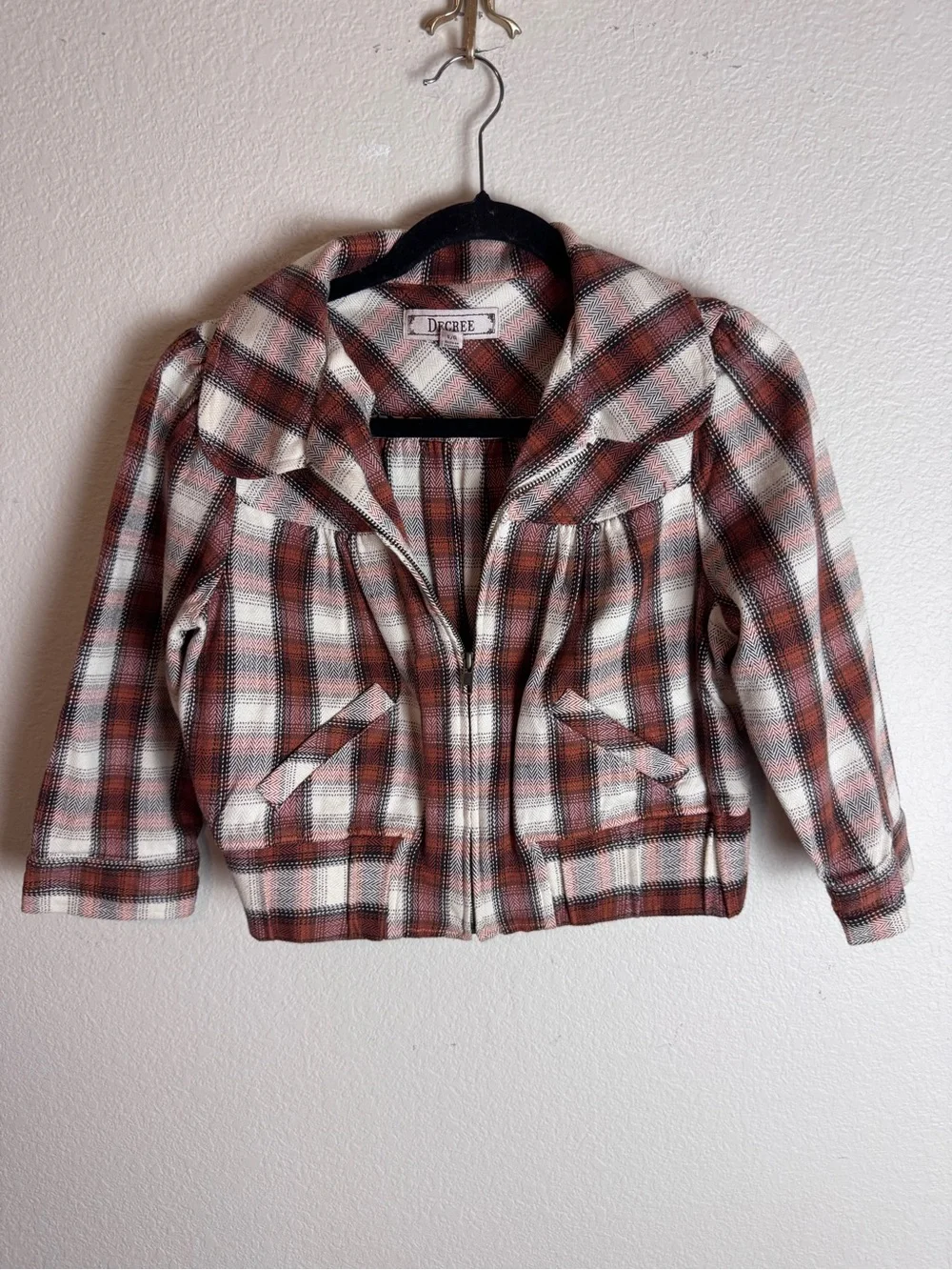 Degree Girl’s Cotton Plaid Zip-Front Jacket in Rust & Cream Size Large
